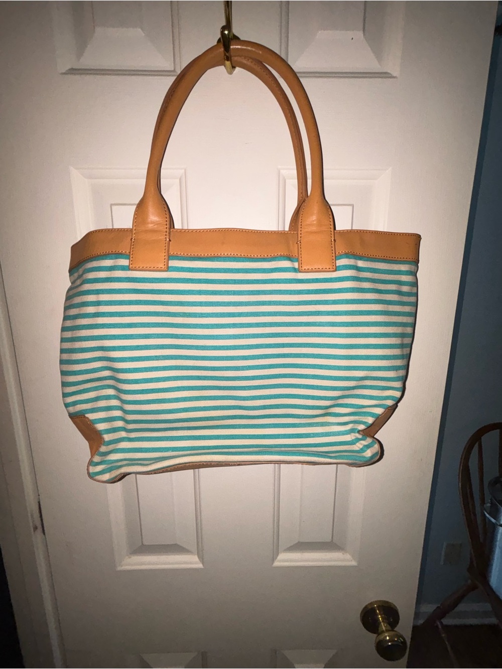 Tory Burch Turquoise and White Striped Canvas Tote with Tan Leather Trim - Picture 2 of 12